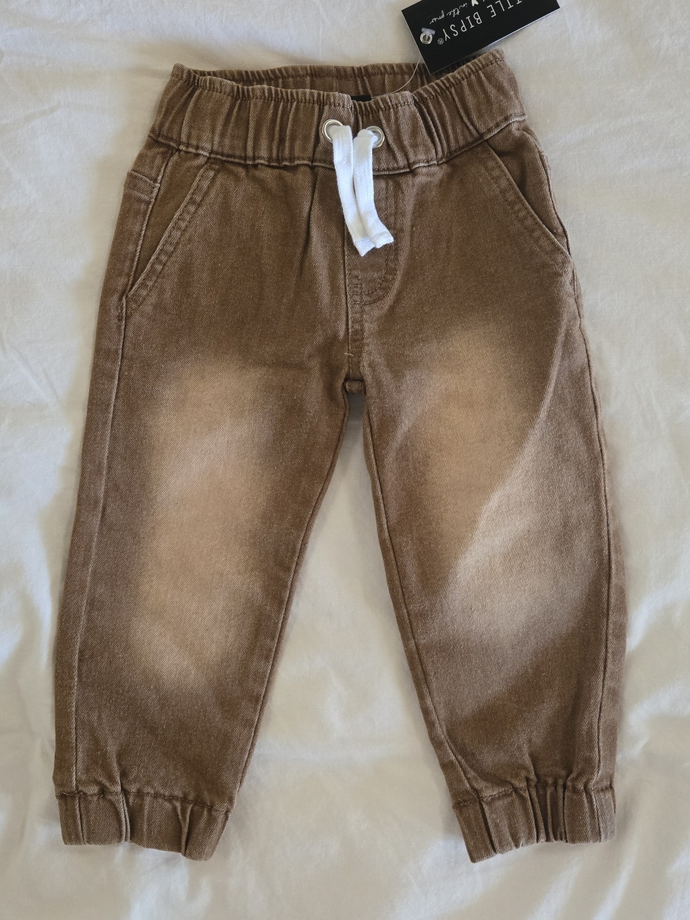 Little Bipsy Brown Faded Denim Joggers with White Drawstring NWT
